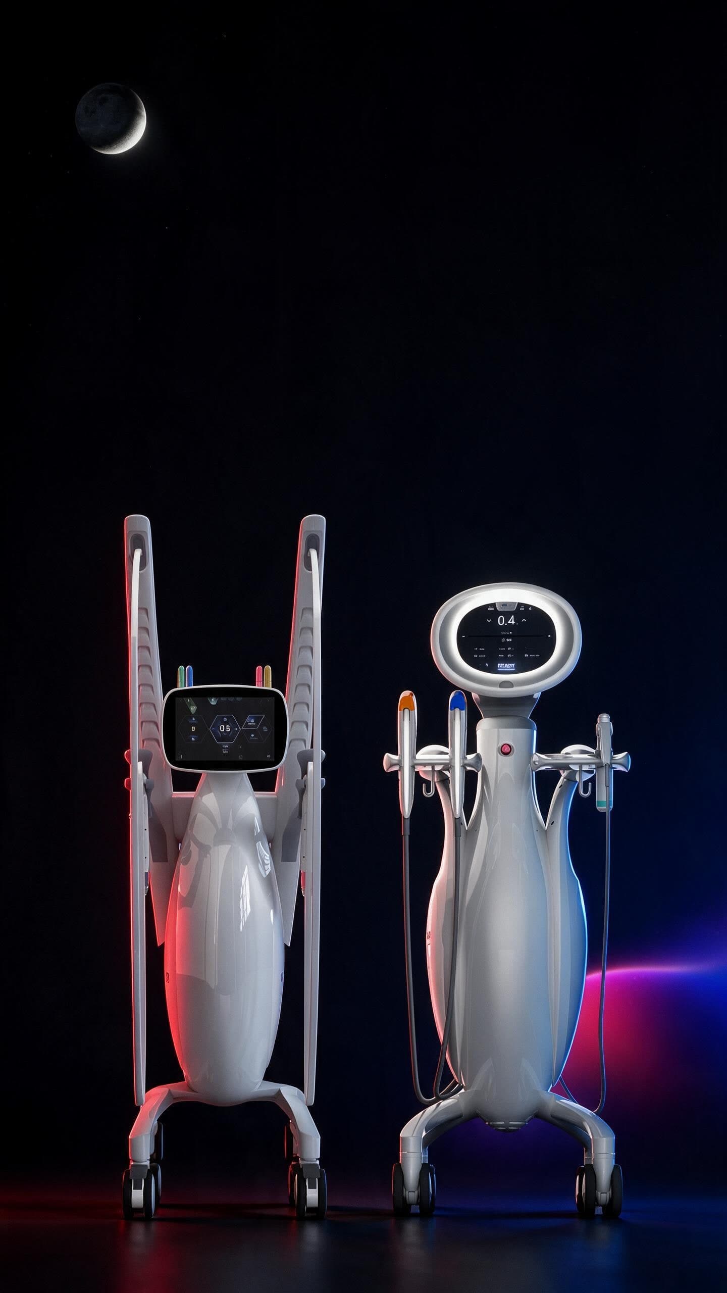Volnewmer lit in red on the left and Ultraformer MPT lit in blue on the right, against a night sky