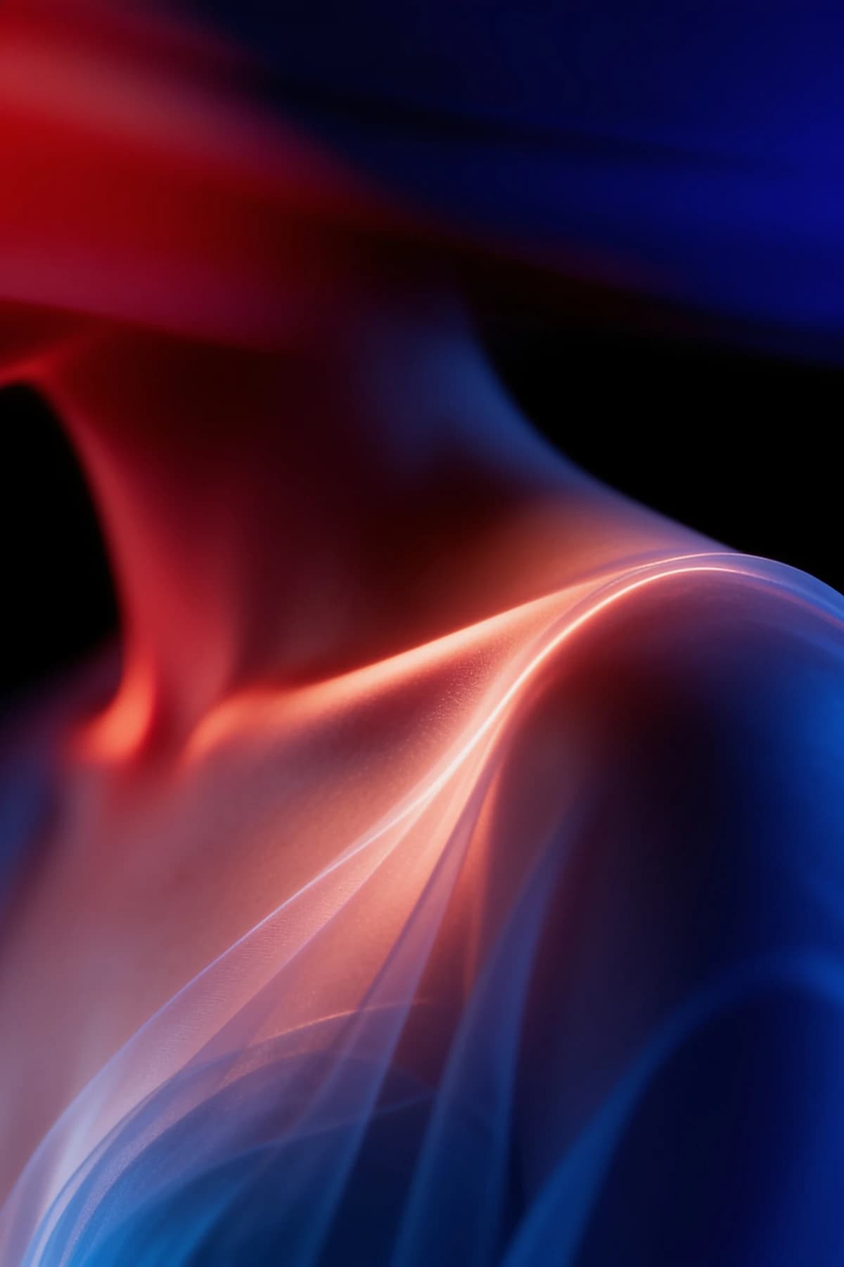 Abstract lit contour of a jaw, neck and shoulder in red and blue